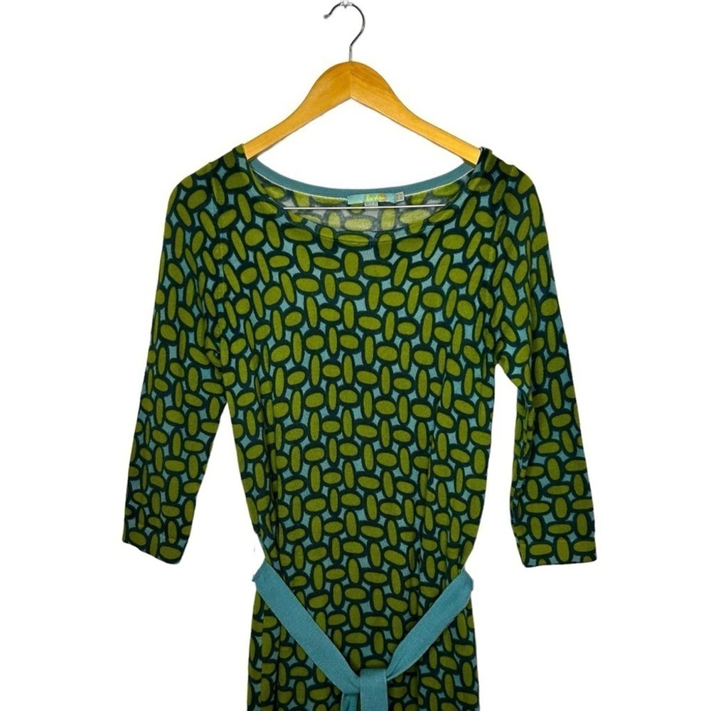 Boden Retro Green Blue Long Sleeve 100% Wool Art Deco Print MIDI Dress Size 4 - Picture 5 of 16